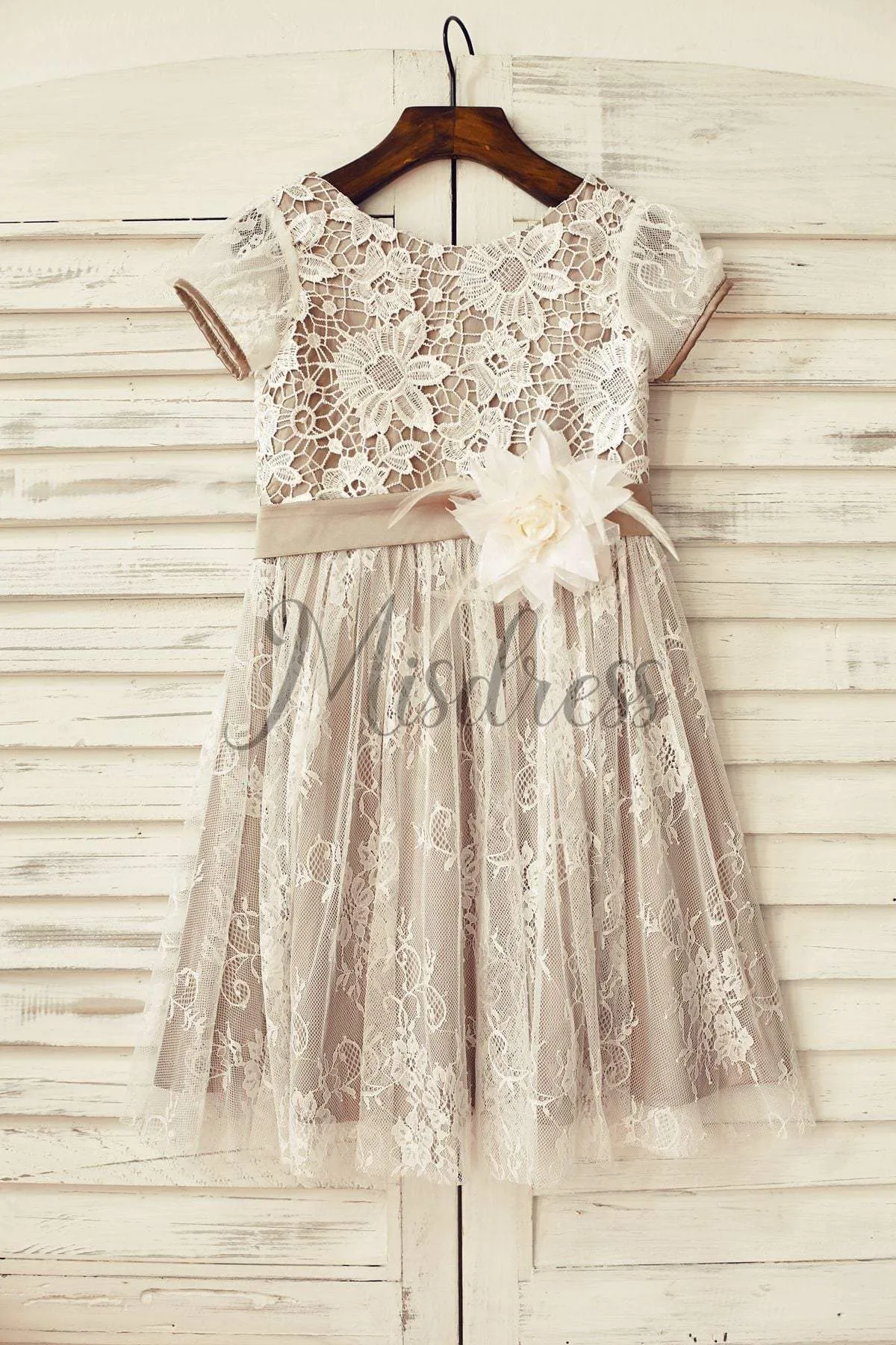 A-line Brown Satin Ivory Lace Short Sleeves Flower Girl Dress, Flowers