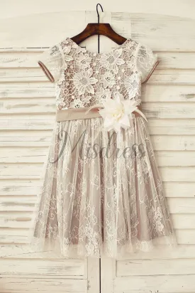 A-line Brown Satin Ivory Lace Short Sleeves Flower Girl Dress, Flowers