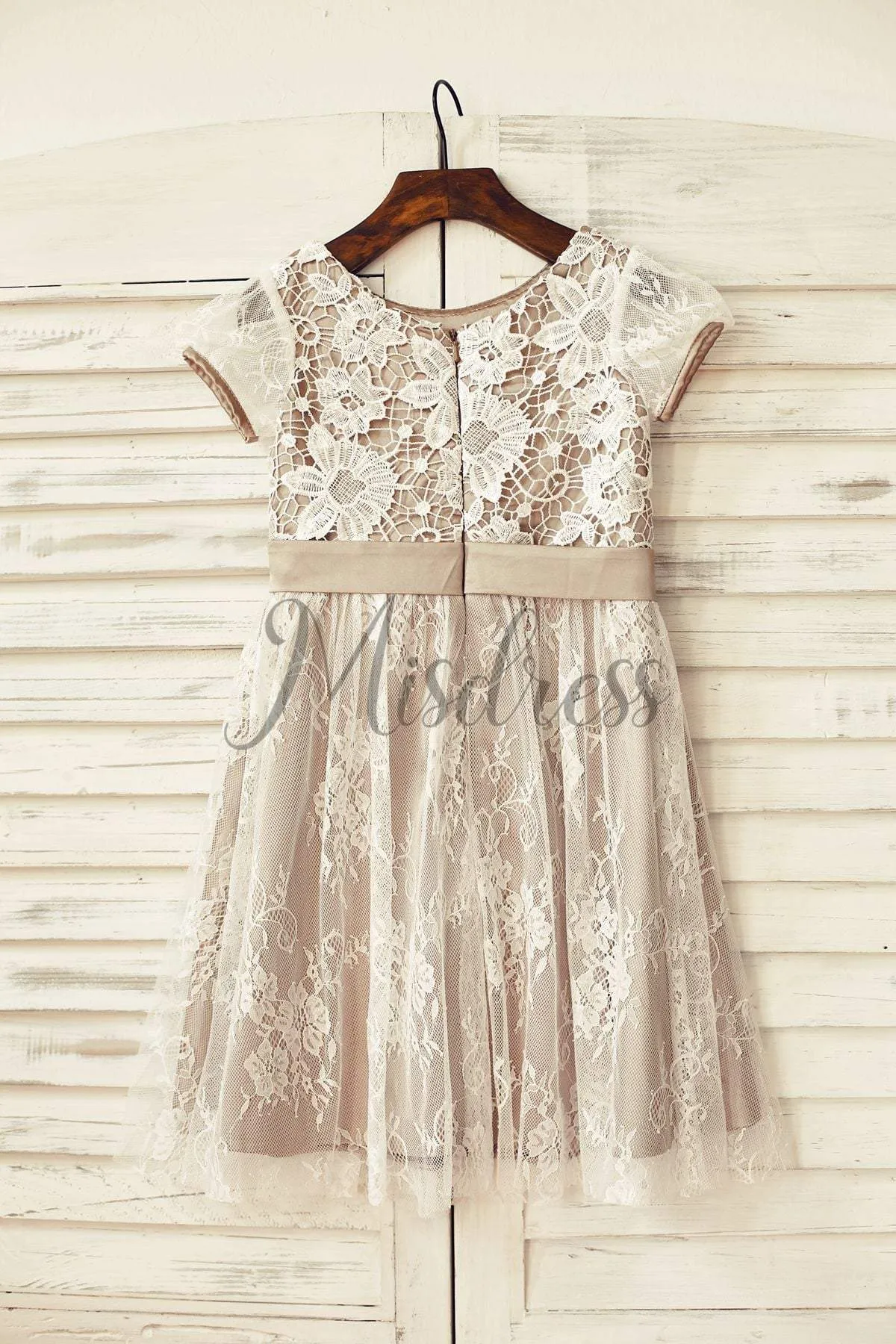 A-line Brown Satin Ivory Lace Short Sleeves Flower Girl Dress, Flowers
