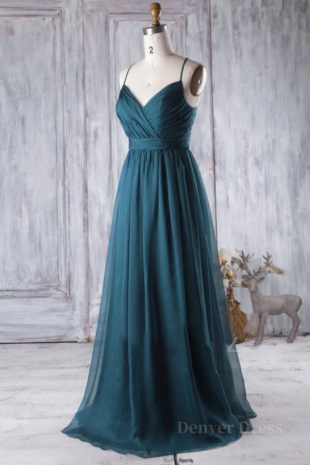 A Line V Neck Spaghetti Strap Peacock Blue Chiffon Long Prom Dress V Neck Peacock Blue Formal Dress Graudation Evening Dress Peacock Blue Bridesmaid Dress