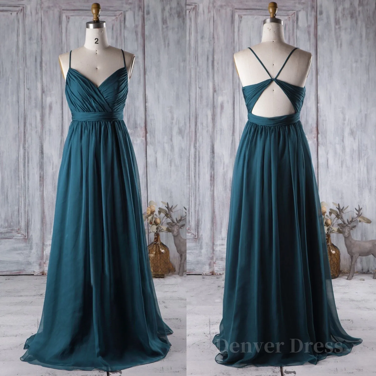 A Line V Neck Spaghetti Strap Peacock Blue Chiffon Long Prom Dress V Neck Peacock Blue Formal Dress Graudation Evening Dress Peacock Blue Bridesmaid Dress