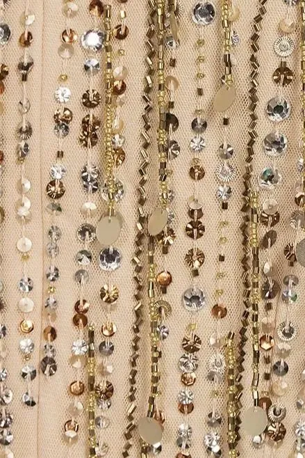 Aidan Mattox Light Gold Beaded Sequin Crew Neck Short Sleeve Dress