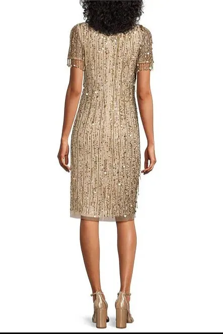 Aidan Mattox Light Gold Beaded Sequin Crew Neck Short Sleeve Dress