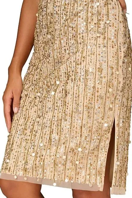 Aidan Mattox Light Gold Beaded Sequin Crew Neck Short Sleeve Dress