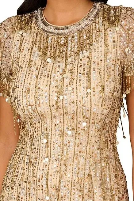 Aidan Mattox Light Gold Beaded Sequin Crew Neck Short Sleeve Dress