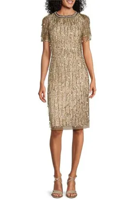 Aidan Mattox Light Gold Beaded Sequin Crew Neck Short Sleeve Dress