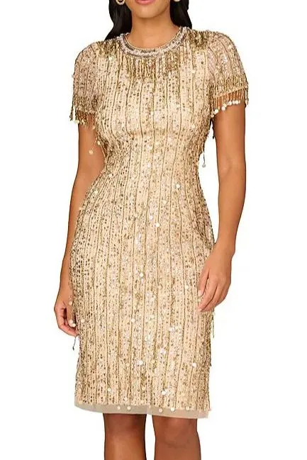 Aidan Mattox Light Gold Beaded Sequin Crew Neck Short Sleeve Dress