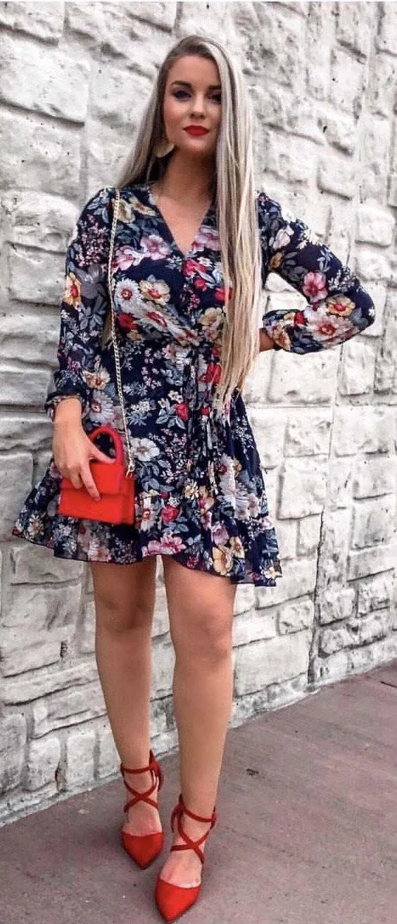 Aurano Chiffon Floral Dress (Blue)