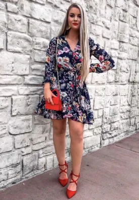 Aurano Chiffon Floral Dress (Blue)