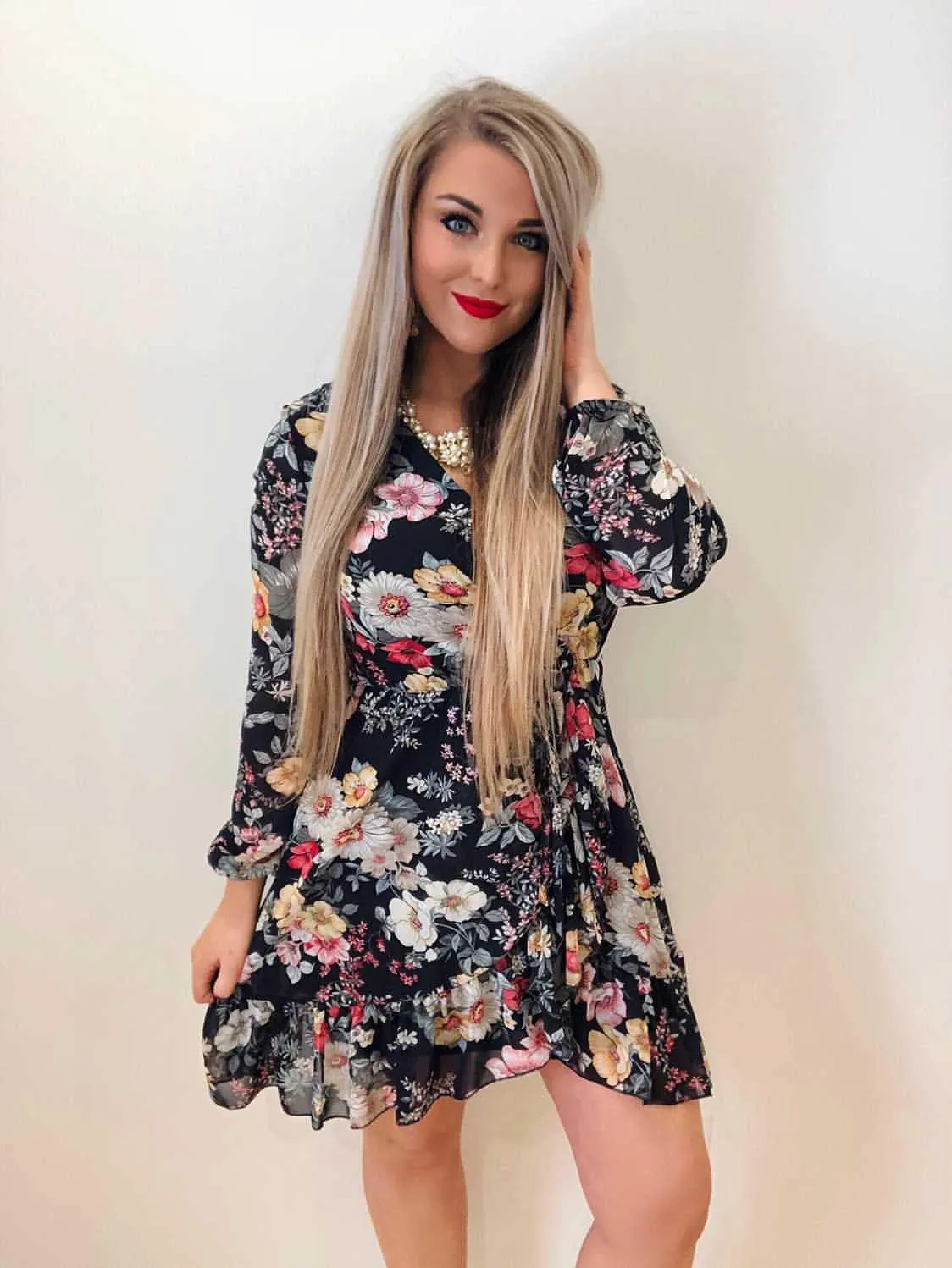 Aurano Chiffon Floral Dress (Blue)