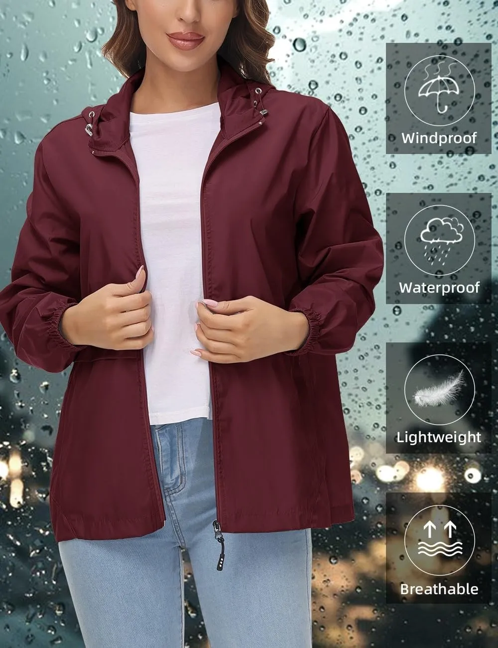 Avoogue Womens Waterproof Rain Jacket Lightweight Raincoat Packable Hooded Outdoor Windbreaker