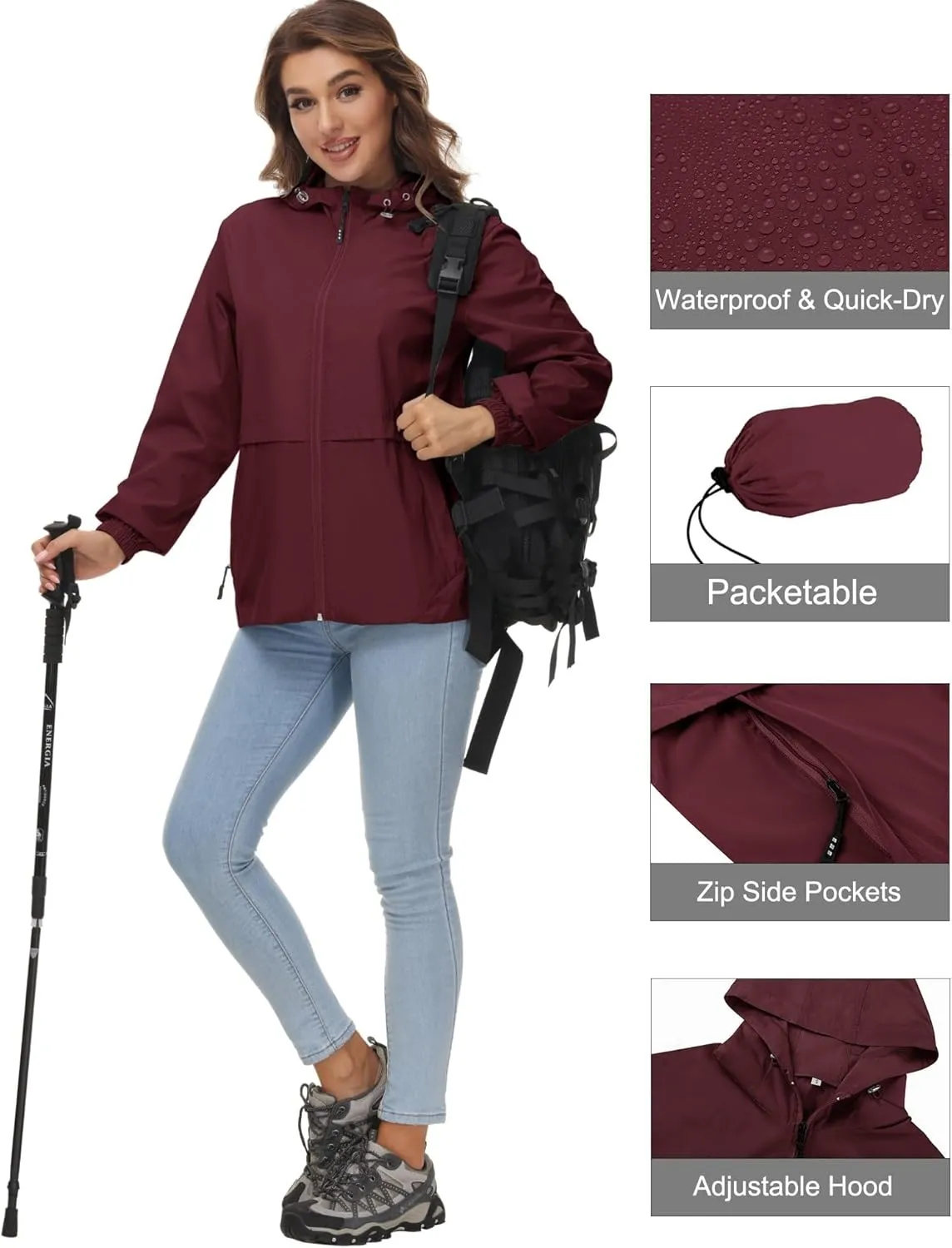 Avoogue Womens Waterproof Rain Jacket Lightweight Raincoat Packable Hooded Outdoor Windbreaker