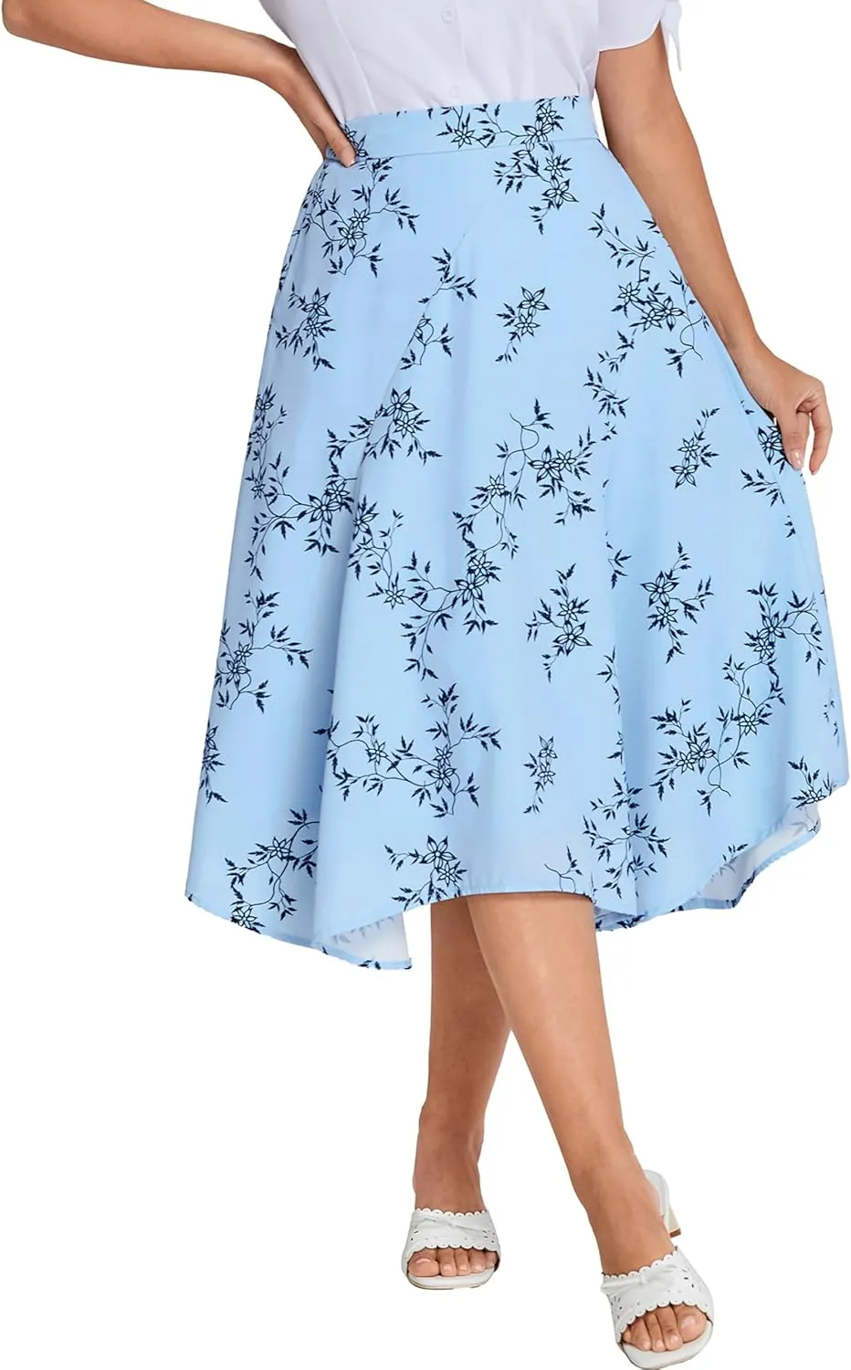 Belle Poque Women Floral Midi Skirt Flowy Skirt Boho Skirt High Waisted Skirt with Pockets