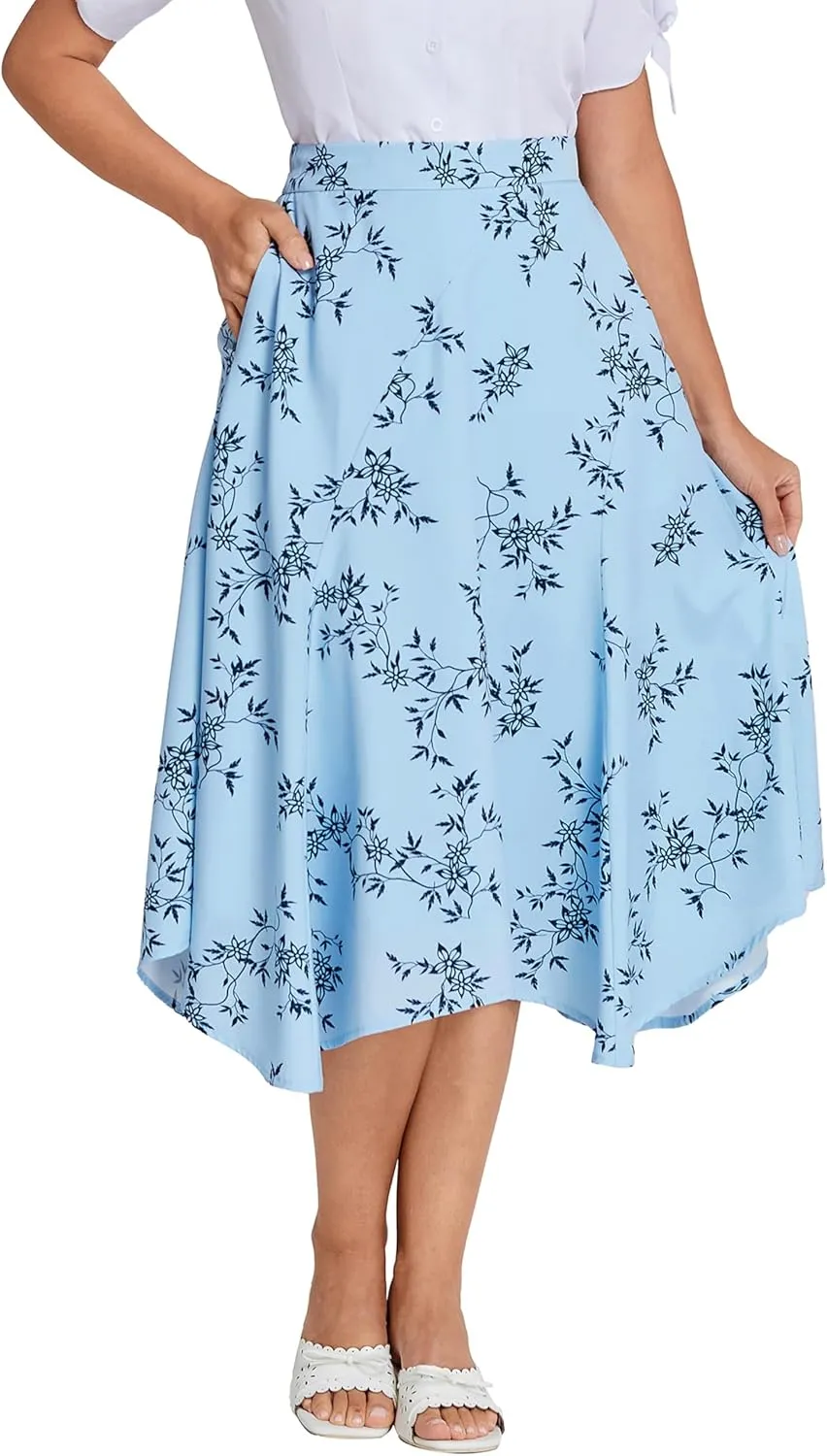 Belle Poque Women Floral Midi Skirt Flowy Skirt Boho Skirt High Waisted Skirt with Pockets