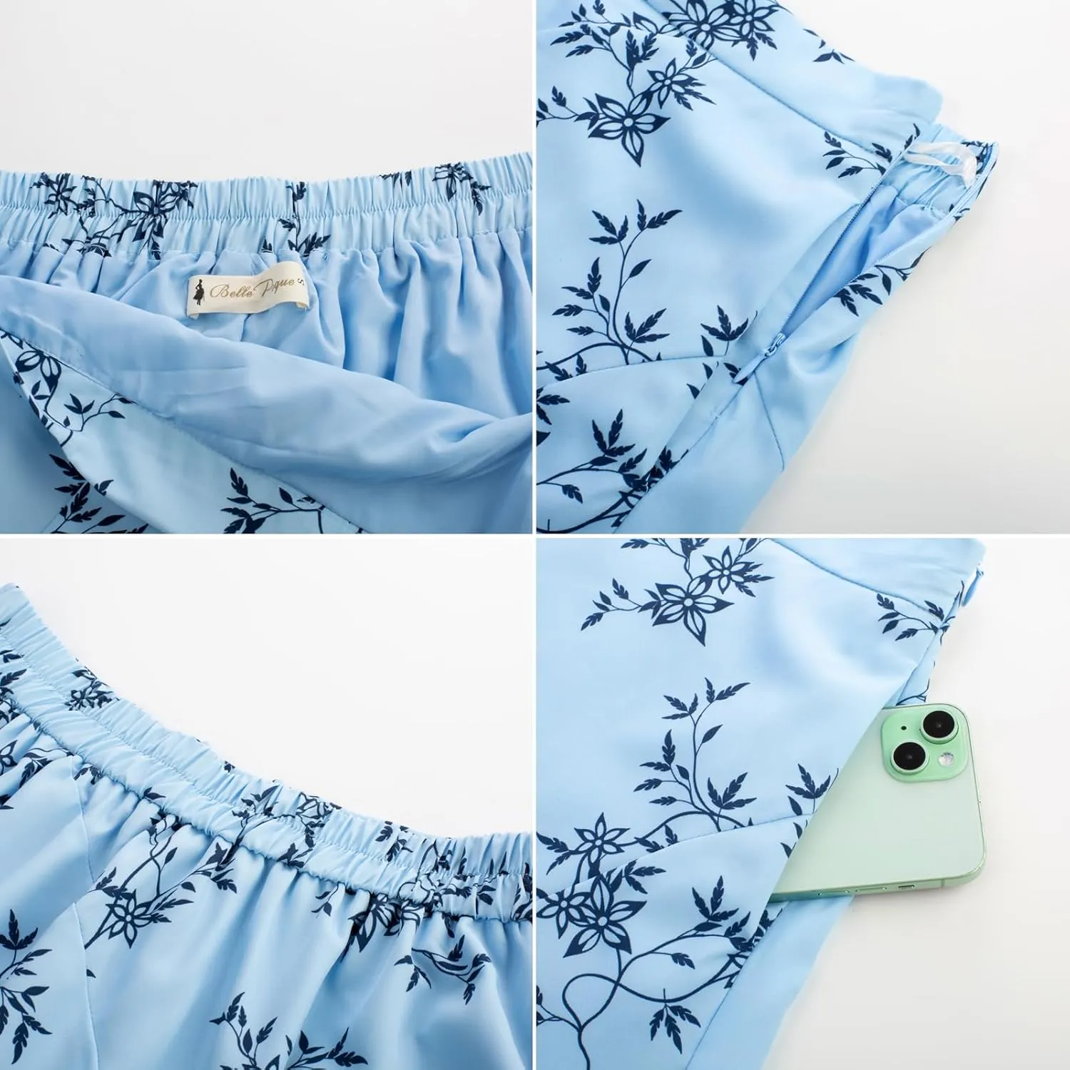 Belle Poque Women Floral Midi Skirt Flowy Skirt Boho Skirt High Waisted Skirt with Pockets