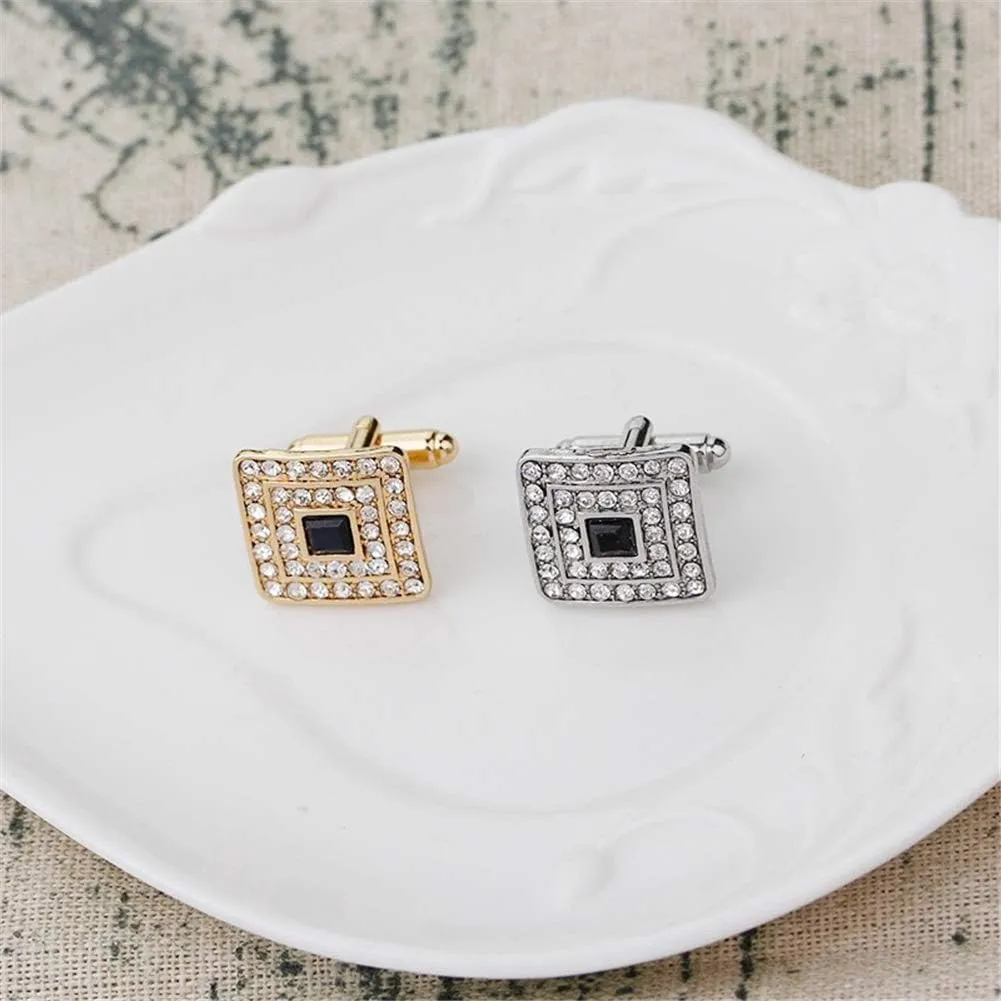 Black and Silver Gold Concentric Diamond Clear Crystal Dust Cufflinks, AILUOR Tuxedo Shirt Cufflinks French Style Shirt Studs