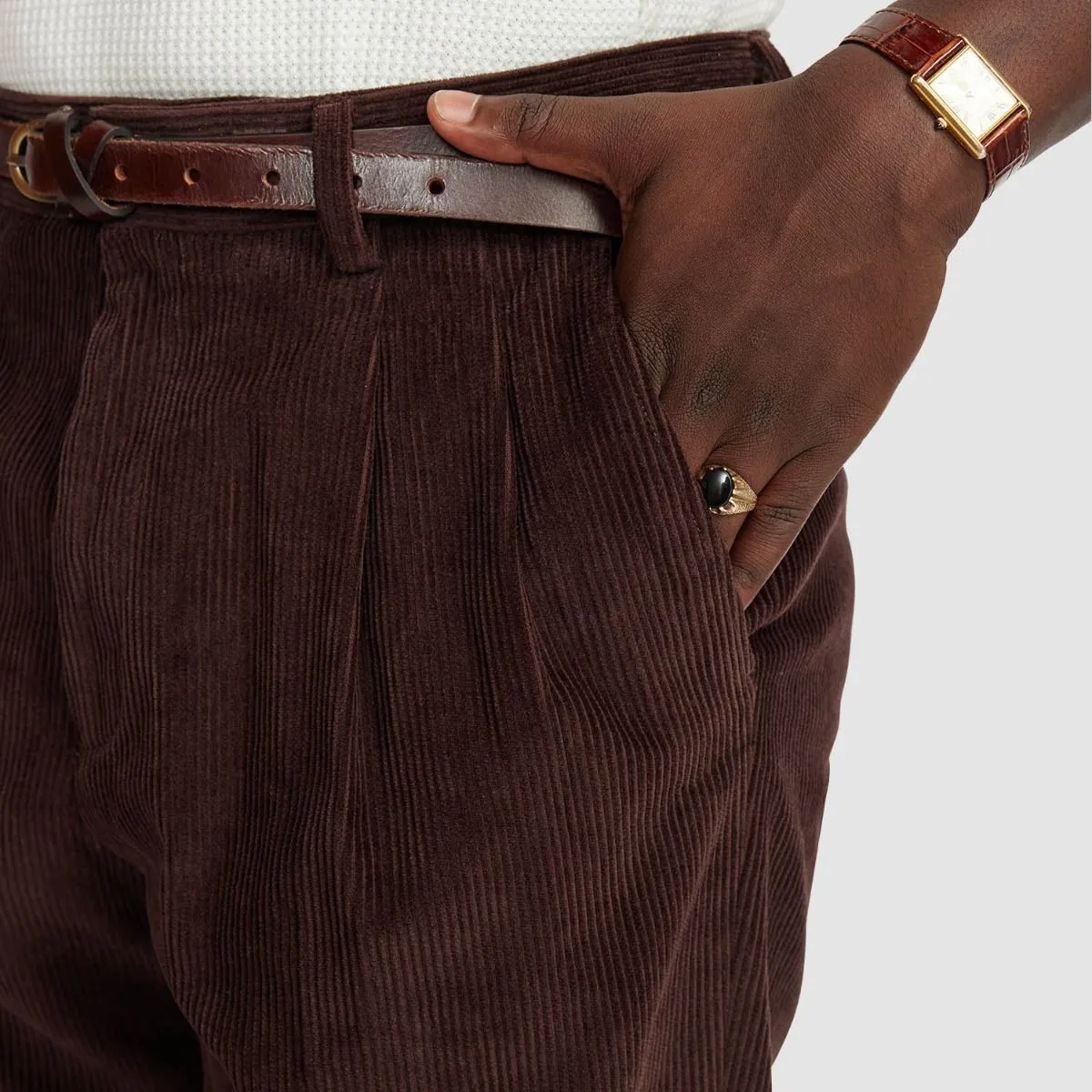 Cord Pleated Pants - Brown