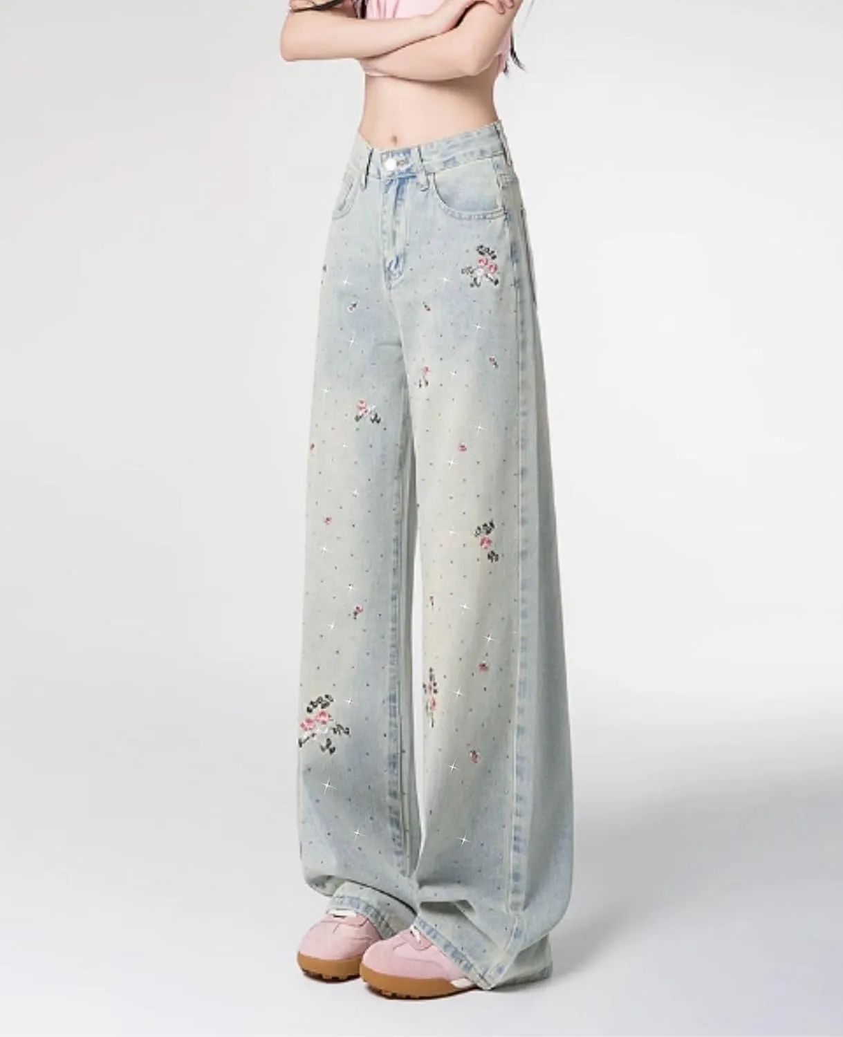 Cute Pants for Women Girls Y2K Embroidered Jeans Loose Low Rise Straight Leg Jeans Casual Preppy Clothes