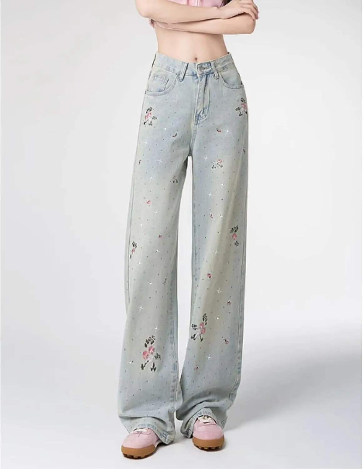 Cute Pants for Women Girls Y2K Embroidered Jeans Loose Low Rise Straight Leg Jeans Casual Preppy Clothes