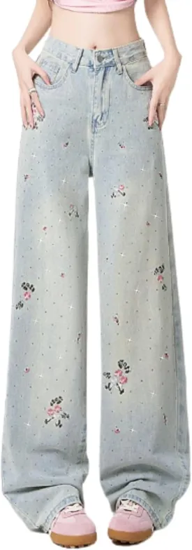Cute Pants for Women Girls Y2K Embroidered Jeans Loose Low Rise Straight Leg Jeans Casual Preppy Clothes