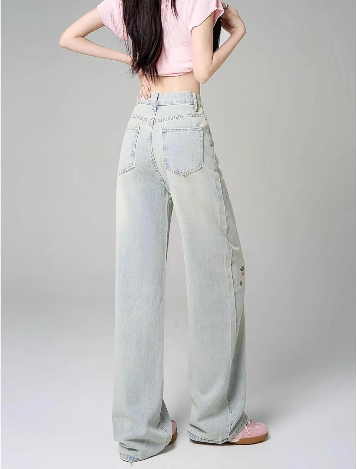 Cute Pants for Women Girls Y2K Embroidered Jeans Loose Low Rise Straight Leg Jeans Casual Preppy Clothes