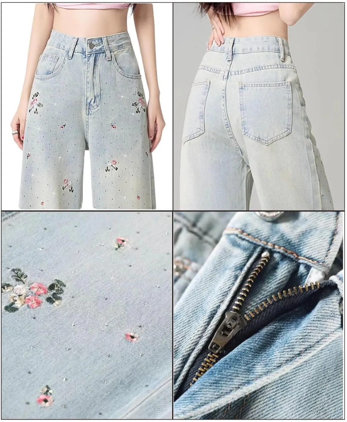 Cute Pants for Women Girls Y2K Embroidered Jeans Loose Low Rise Straight Leg Jeans Casual Preppy Clothes