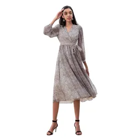 D265 Women leopard print chiffon long puff sleeves wrap design pleated midi dress