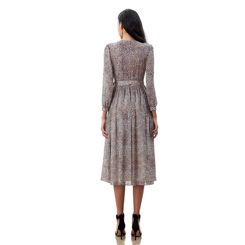 D265 Women leopard print chiffon long puff sleeves wrap design pleated midi dress