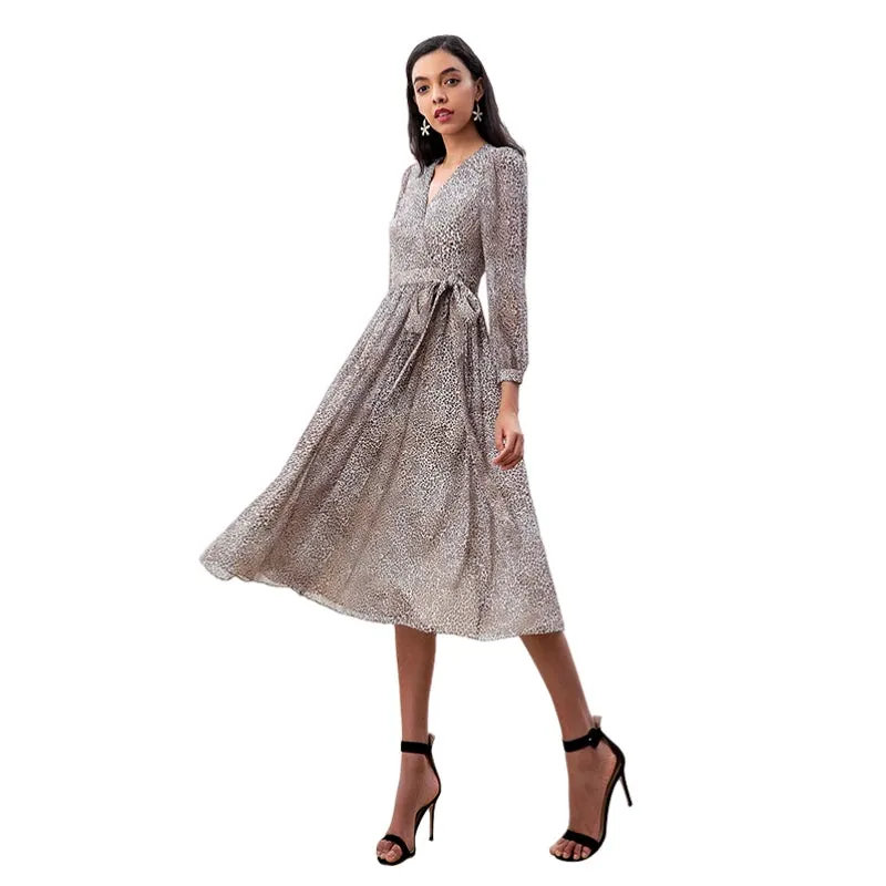 D265 Women leopard print chiffon long puff sleeves wrap design pleated midi dress