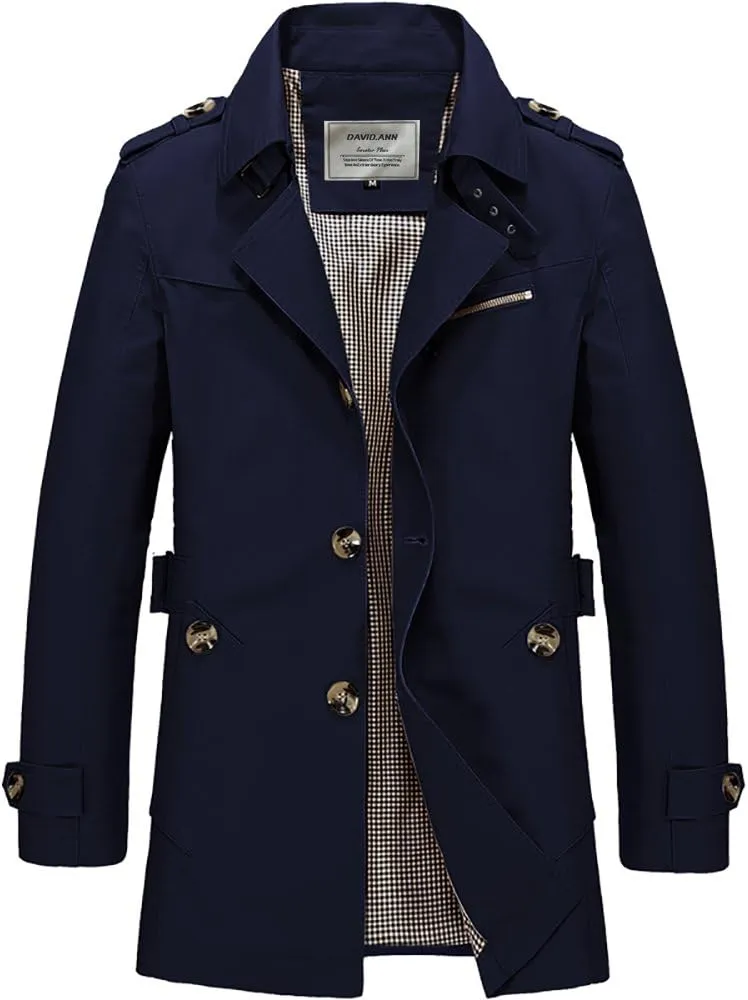 DAVID.ANN Men's Windbreaker Notch Lapel Single Breasted Coat