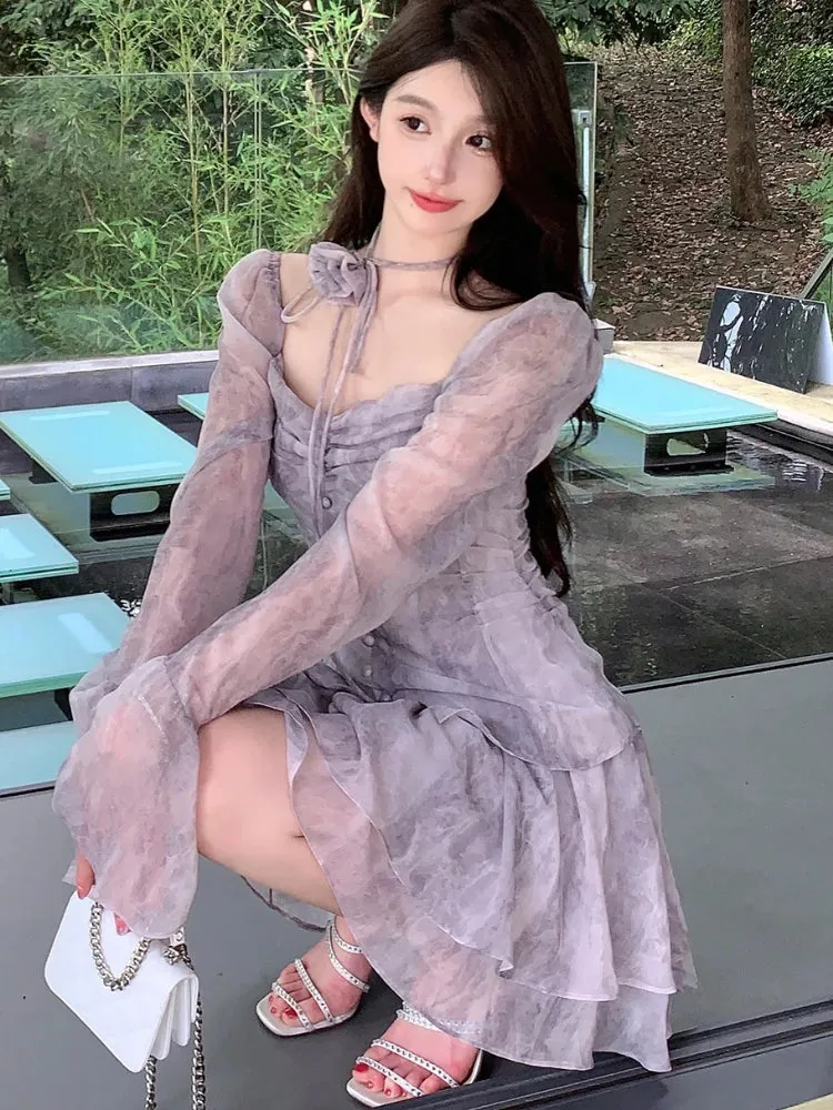 deanwangkt Summer Floral Print Fairy Dress Women Korean Style Elegant Party Mini Dress Female Ruffle Flounce Vintage Designer Dress