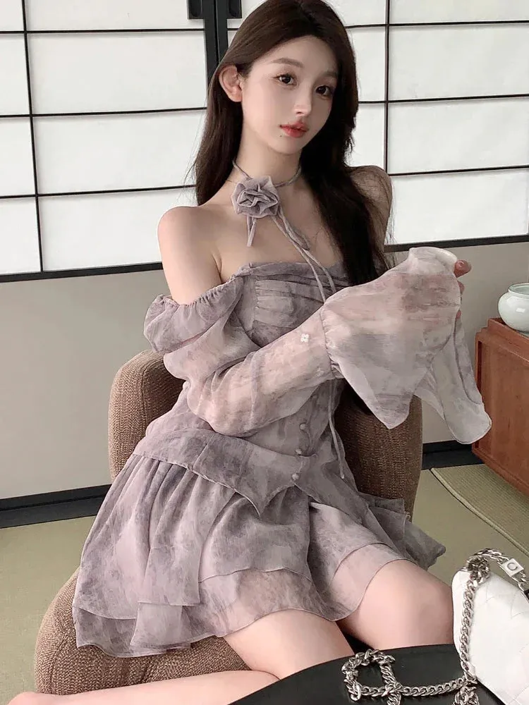 deanwangkt Summer Floral Print Fairy Dress Women Korean Style Elegant Party Mini Dress Female Ruffle Flounce Vintage Designer Dress