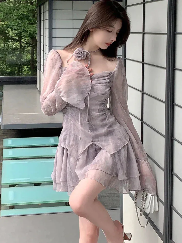 deanwangkt Summer Floral Print Fairy Dress Women Korean Style Elegant Party Mini Dress Female Ruffle Flounce Vintage Designer Dress