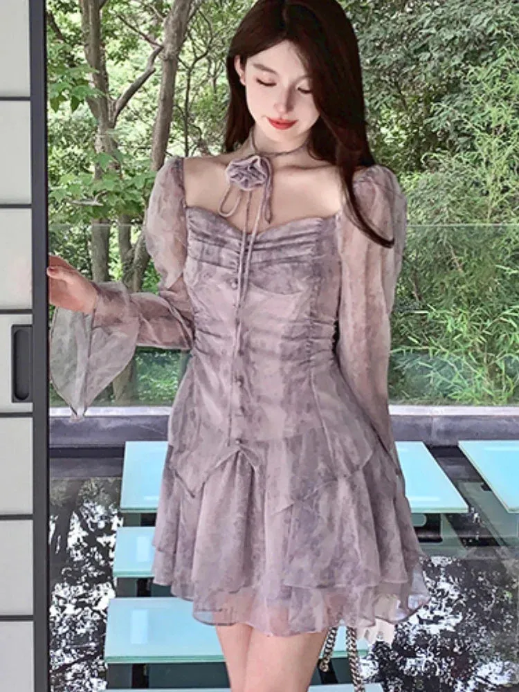 deanwangkt Summer Floral Print Fairy Dress Women Korean Style Elegant Party Mini Dress Female Ruffle Flounce Vintage Designer Dress