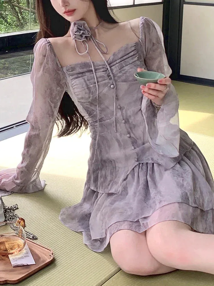 deanwangkt Summer Floral Print Fairy Dress Women Korean Style Elegant Party Mini Dress Female Ruffle Flounce Vintage Designer Dress