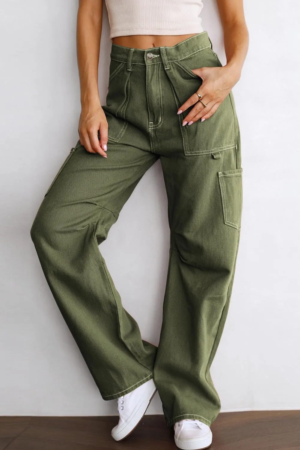 Dokotoo Womens Cargo Pants Women Baggy Wide Leg High Waist Casual Pants Jean Stretch Pants