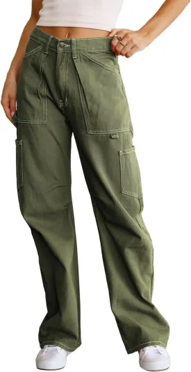 Dokotoo Womens Cargo Pants Women Baggy Wide Leg High Waist Casual Pants Jean Stretch Pants