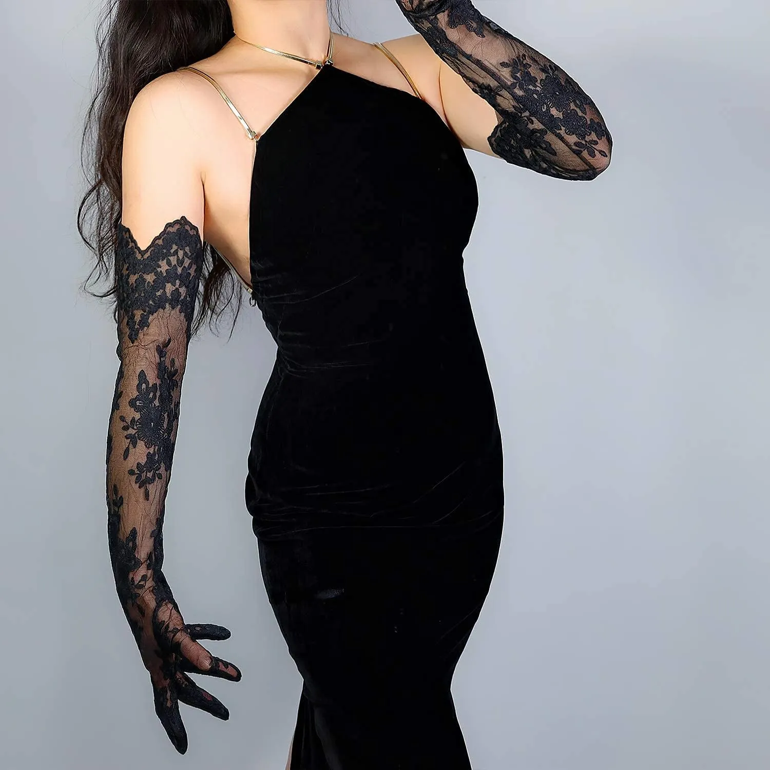 DooWay Women Long Wedding Gloves Lace Sheer Organza Embroidered Floral Opera Evening Prom Party Black White 25" 62cm