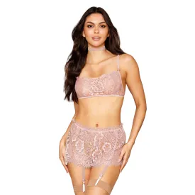 Dreamgirl Eyelash Lace Bralette Garter Skirt Choker Set Rosettes 13279 - Rose