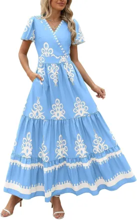 Dresses for Women Summer Casual V Neck Boho Maxi Dress Flowy Aline Bell Sleeve Tiered Floral Dresses with Pocket