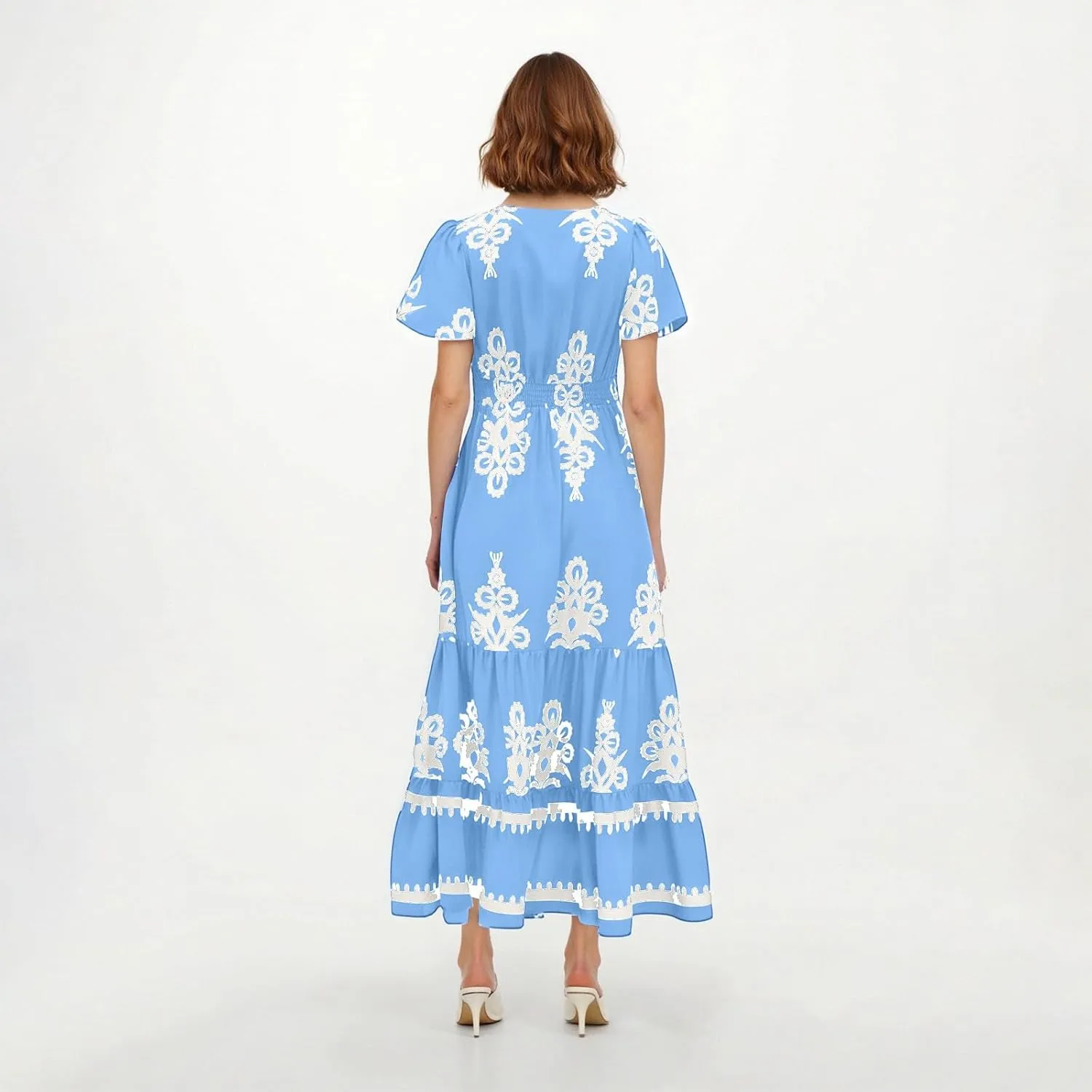 Dresses for Women Summer Casual V Neck Boho Maxi Dress Flowy Aline Bell Sleeve Tiered Floral Dresses with Pocket