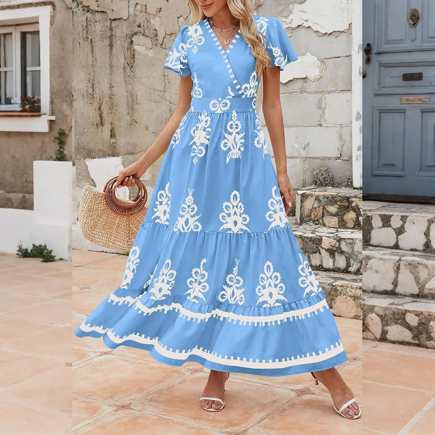 Dresses for Women Summer Casual V Neck Boho Maxi Dress Flowy Aline Bell Sleeve Tiered Floral Dresses with Pocket