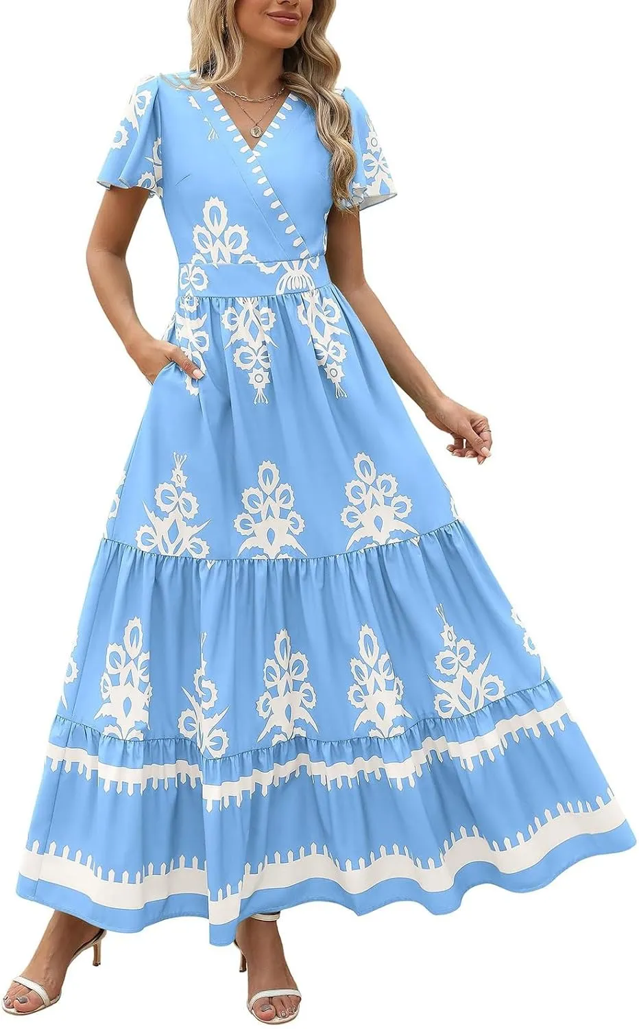 Dresses for Women Summer Casual V Neck Boho Maxi Dress Flowy Aline Bell Sleeve Tiered Floral Dresses with Pocket
