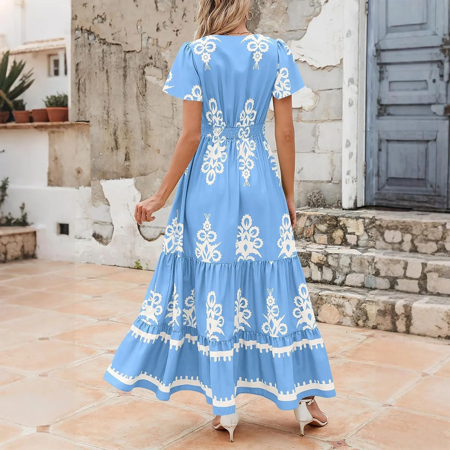Dresses for Women Summer Casual V Neck Boho Maxi Dress Flowy Aline Bell Sleeve Tiered Floral Dresses with Pocket