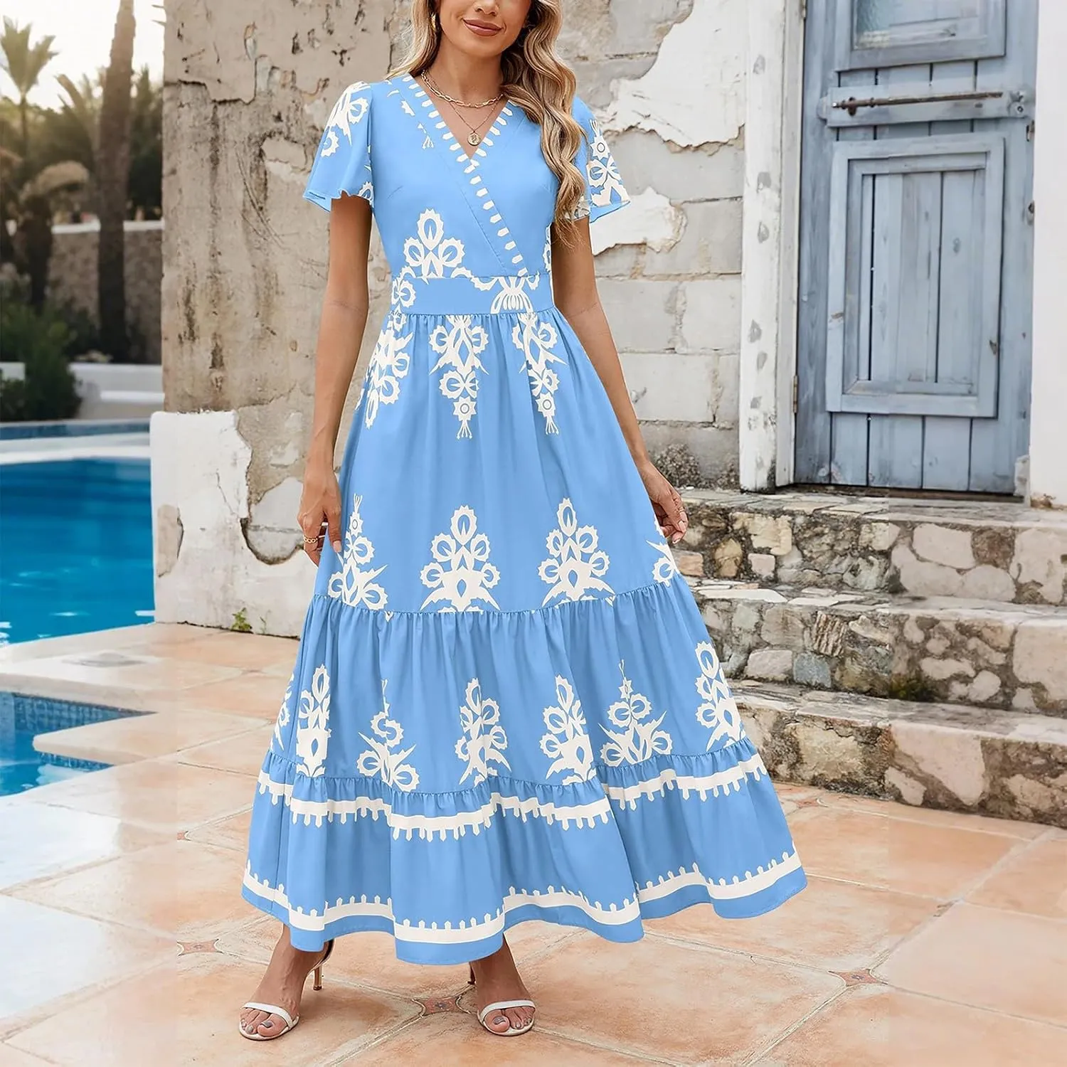 Dresses for Women Summer Casual V Neck Boho Maxi Dress Flowy Aline Bell Sleeve Tiered Floral Dresses with Pocket