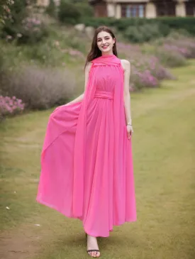 Elegant Halter Neck flowy ribbon A-line Chiffon prom dress