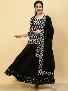 Ethnic Printed Black Short Kurti With Skirt And Dupatta