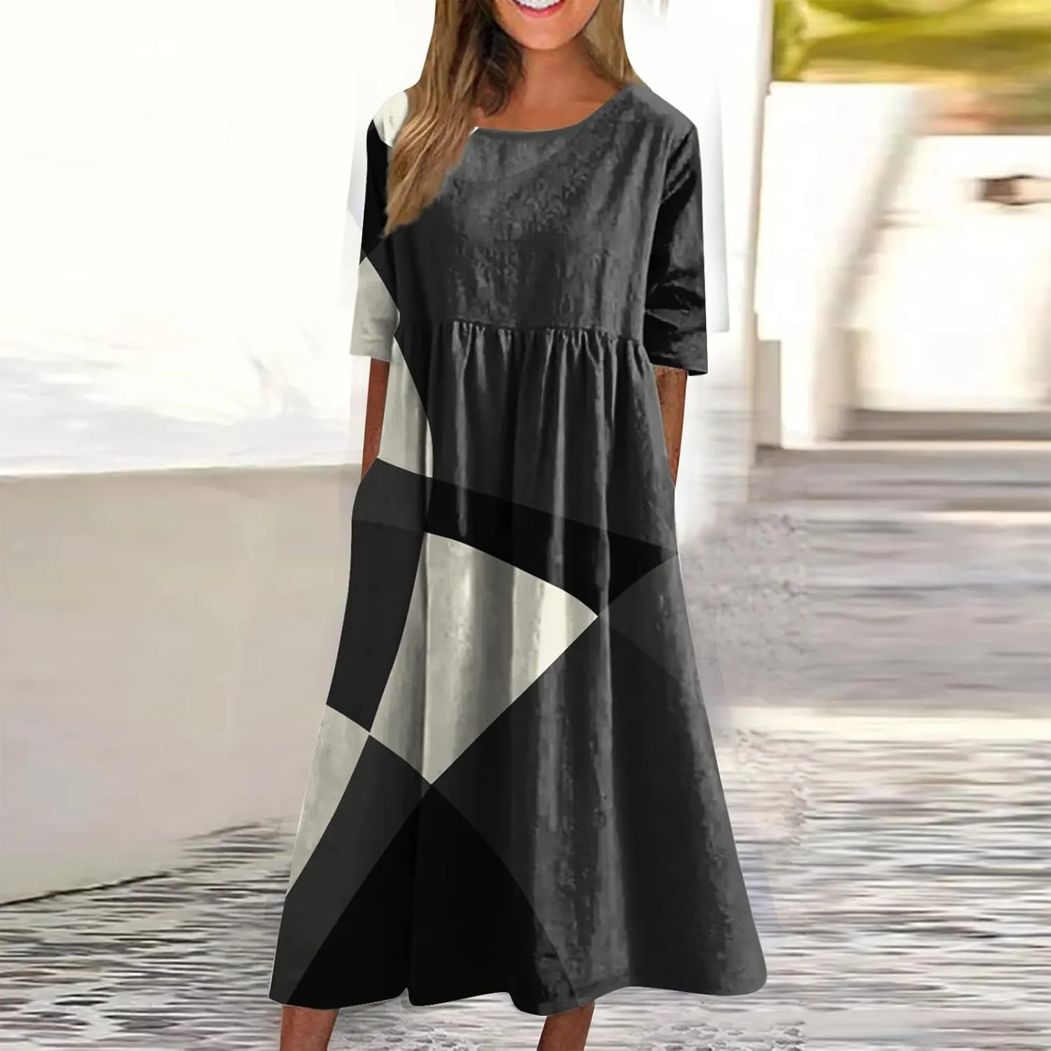 FlekmanArt Dresses for Women 2024 Round Neck Pocket Long Dresses Pleated Printed Dresses Short Sleeve Casual Beach Dress