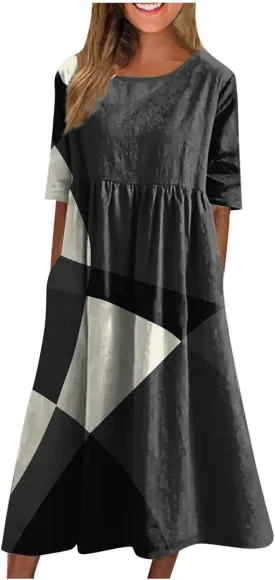 FlekmanArt Dresses for Women 2024 Round Neck Pocket Long Dresses Pleated Printed Dresses Short Sleeve Casual Beach Dress
