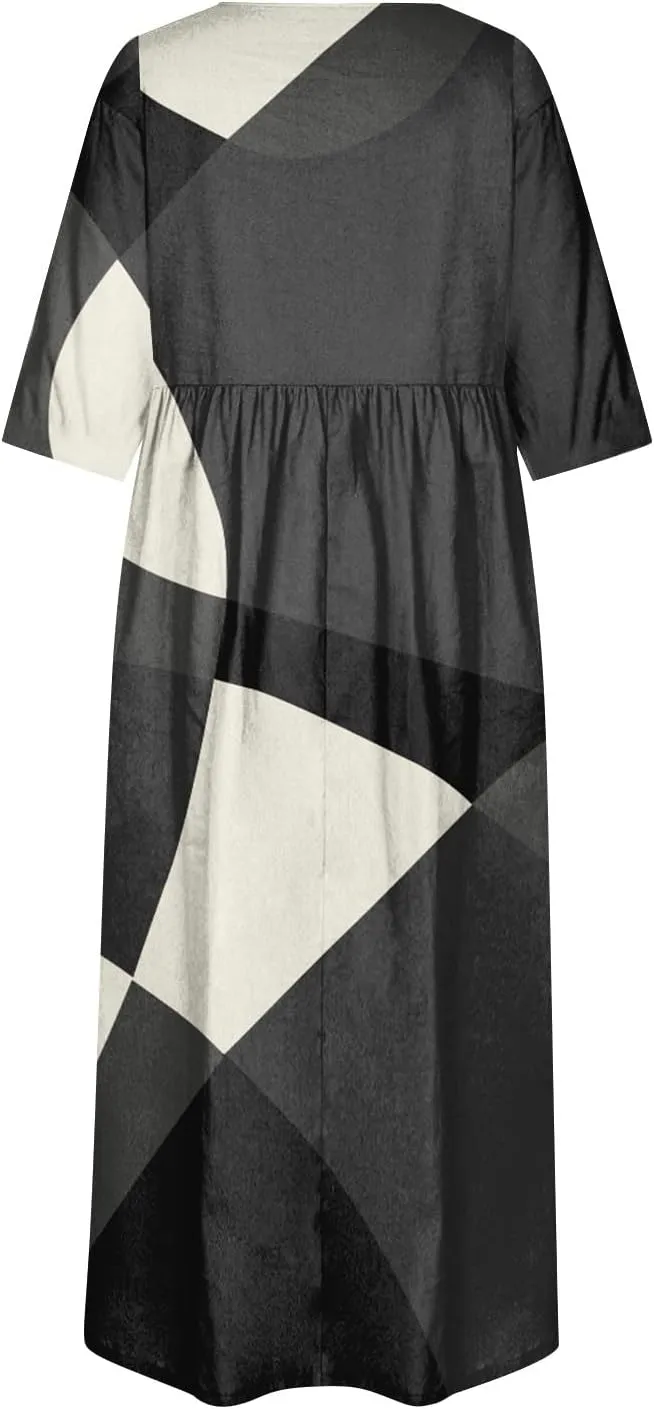 FlekmanArt Dresses for Women 2024 Round Neck Pocket Long Dresses Pleated Printed Dresses Short Sleeve Casual Beach Dress